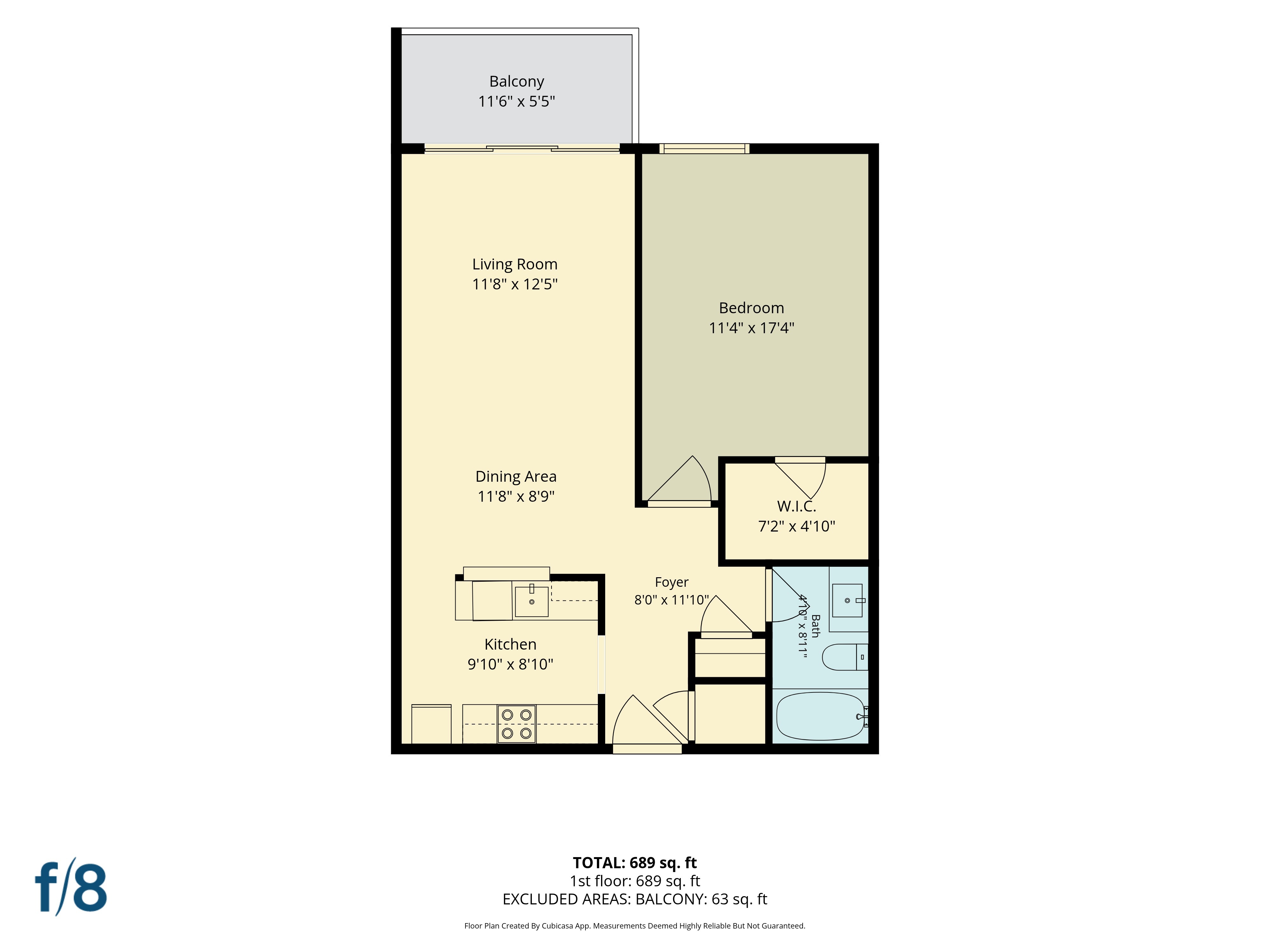 Floor plan for 1 bed, 1 bath, 790 sqft